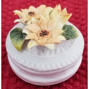 Victorian Trading Co Mini Floral Lidded Porcelain Bisque Vanity Trinket Box